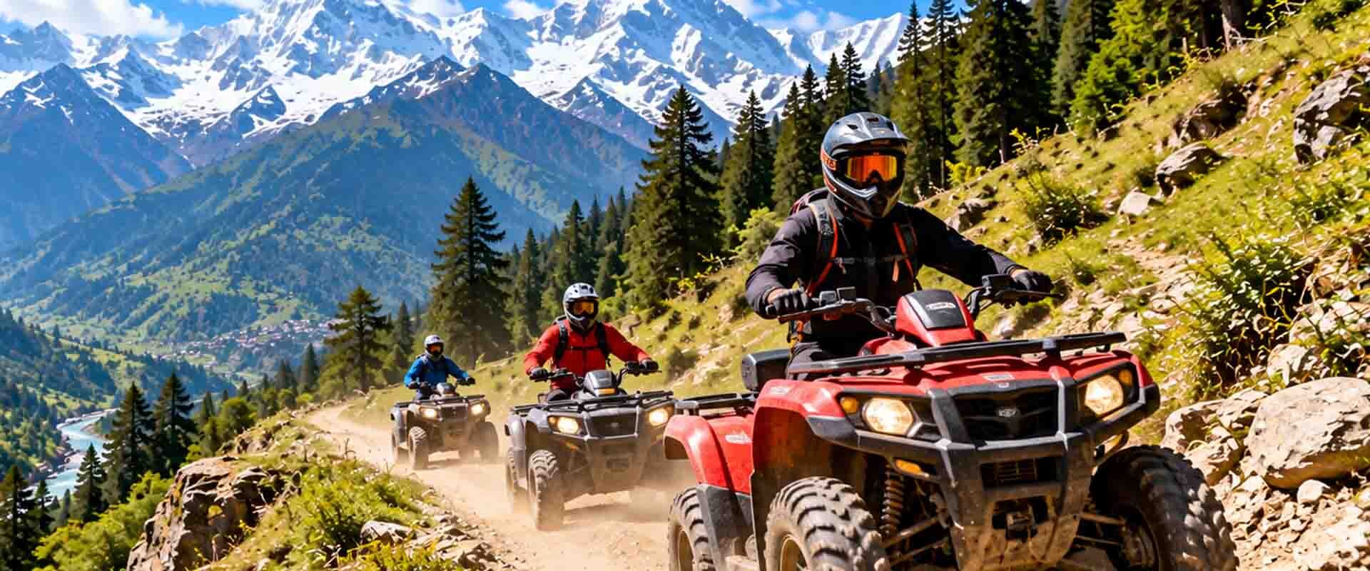 ATV quad biking in Himachal Pradesh on a rugged mountain trail surrounded by pine forests and Himalayan peaks