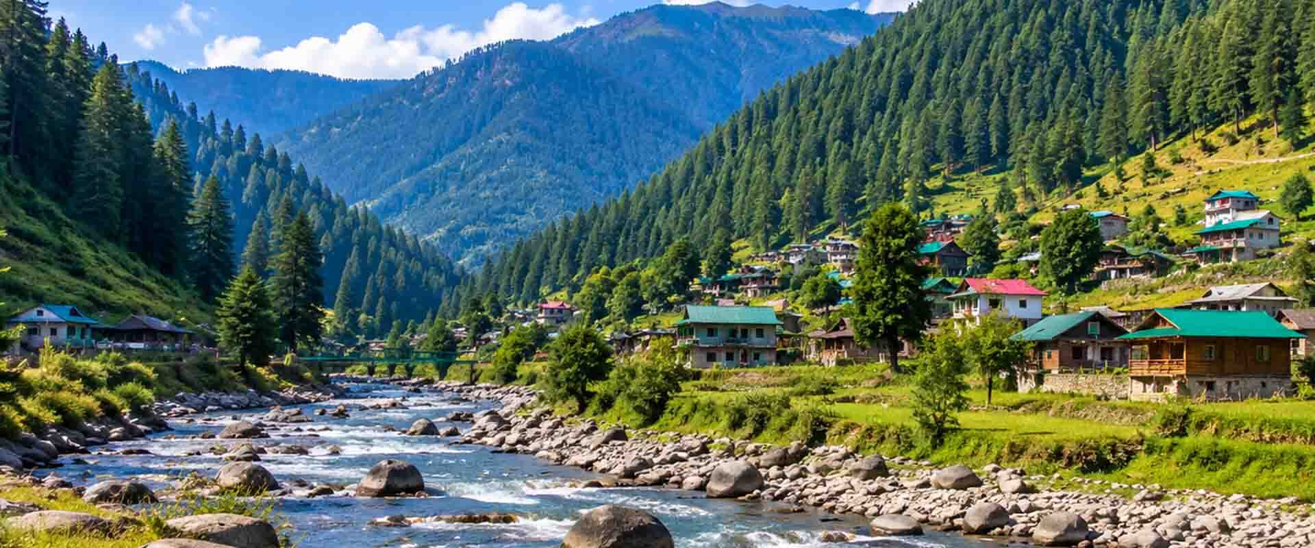 Barot Valley with Uhl River, pine forests and mountain village in Himachal Pradesh