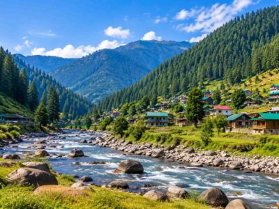 Barot Valley with Uhl River, pine forests and mountain village in Himachal Pradesh