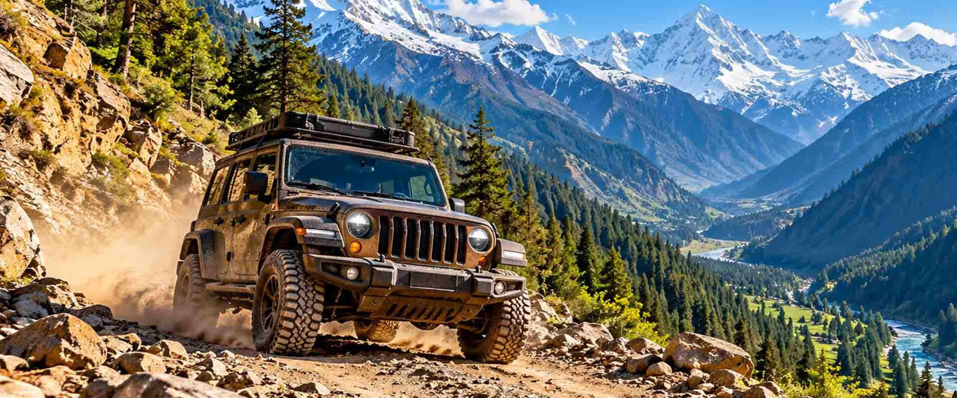 Jeep safari and off-roading in Himachal Pradesh with a 4x4 vehicle on a rugged mountain trail