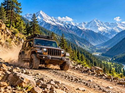Jeep safari and off-roading in Himachal Pradesh with a 4x4 vehicle on a rugged mountain trail