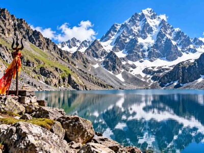 Manimahesh Lake in Himachal Pradesh with snow-covered mountains and a sacred trident by the lakeside