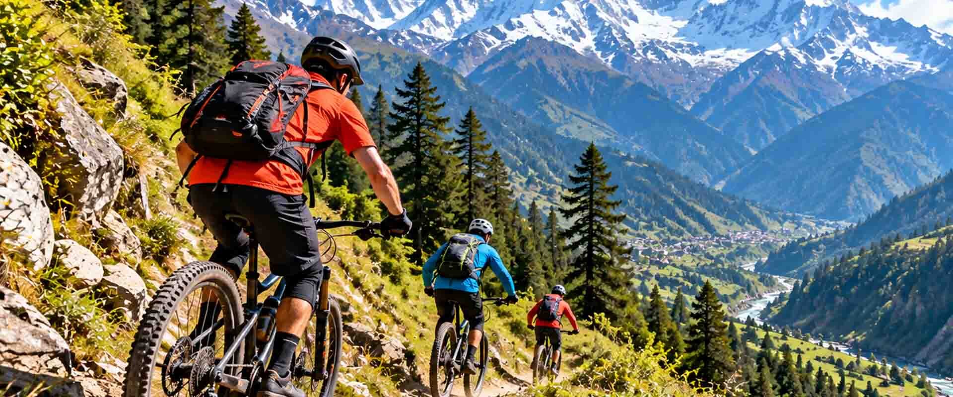 Mountain biking in Himachal Pradesh with cyclists riding a rugged trail through pine forests and Himalayan mountains