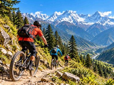 Mountain biking in Himachal Pradesh with cyclists riding a rugged trail through pine forests and Himalayan mountains