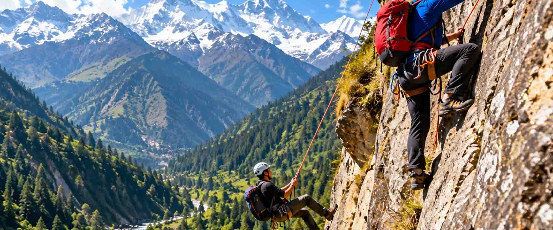 Rock climbing and rappelling in Himachal Pradesh with climbers on a mountain cliff surrounded by Himalayan peaks