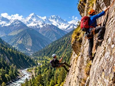 Rock climbing and rappelling in Himachal Pradesh with climbers on a mountain cliff surrounded by Himalayan peaks