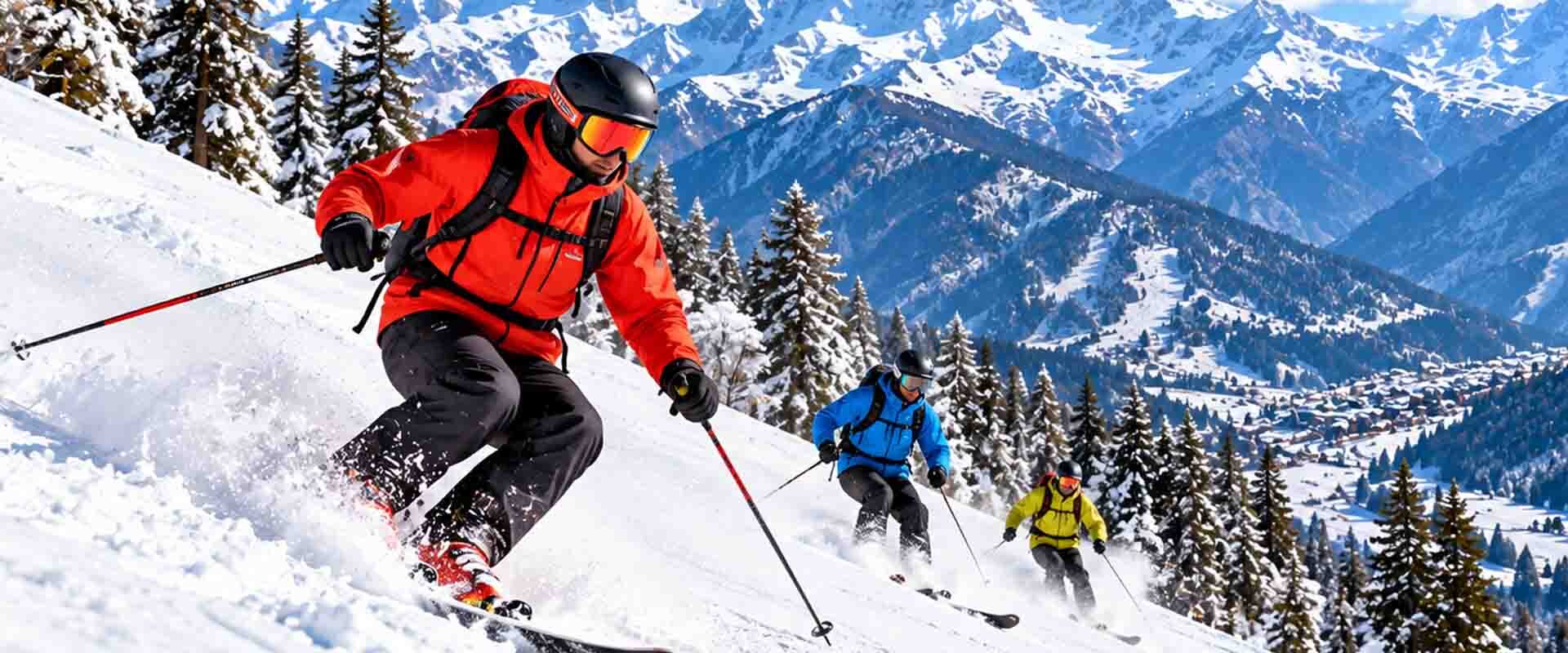 Skiing in Himachal Pradesh with skiers descending snowy Himalayan slopes surrounded by mountain peaks