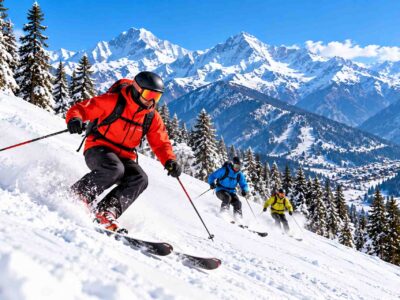 Skiing in Himachal Pradesh with skiers descending snowy Himalayan slopes surrounded by mountain peaks