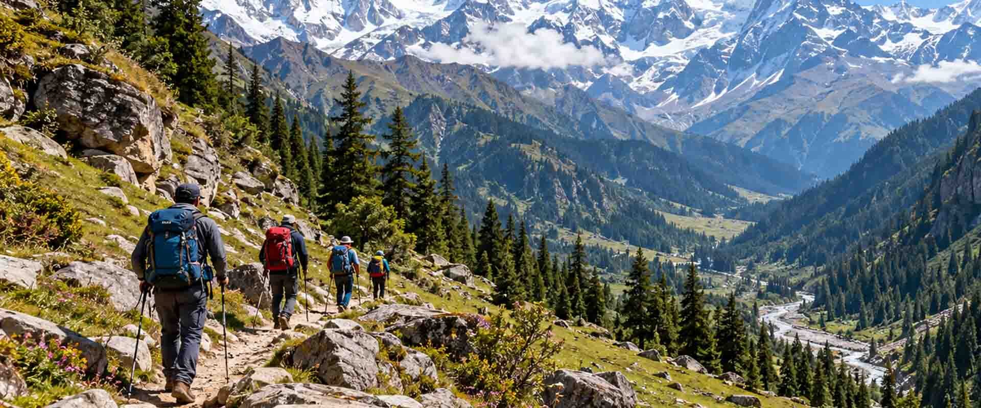 Trekking in Himachal Pradesh with hikers on a mountain trail surrounded by pine forests and snow-covered Himalayan peaks