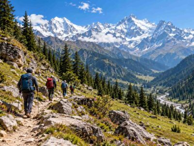 Trekking in Himachal Pradesh with hikers on a mountain trail surrounded by pine forests and snow-covered Himalayan peaks